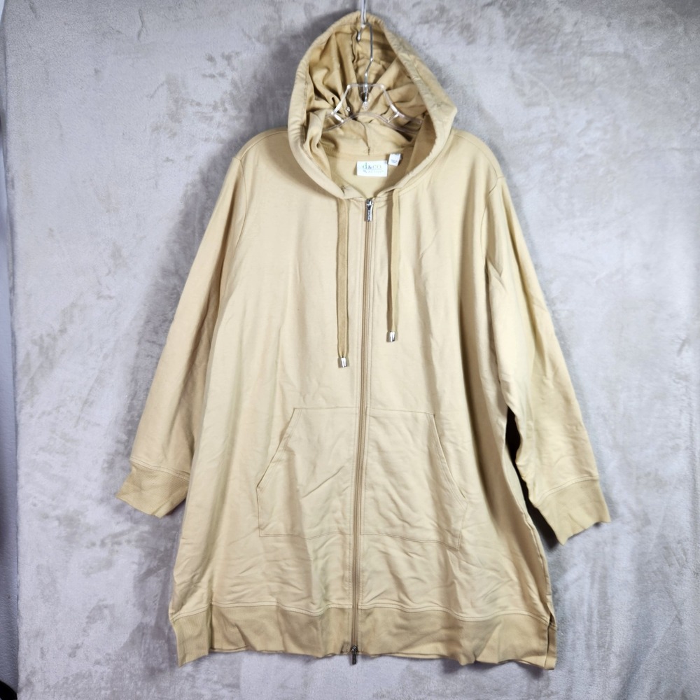 Denim & Co Jacket Womens 1X Petite Oatmilk French Terry Hooded Zip Front A606203